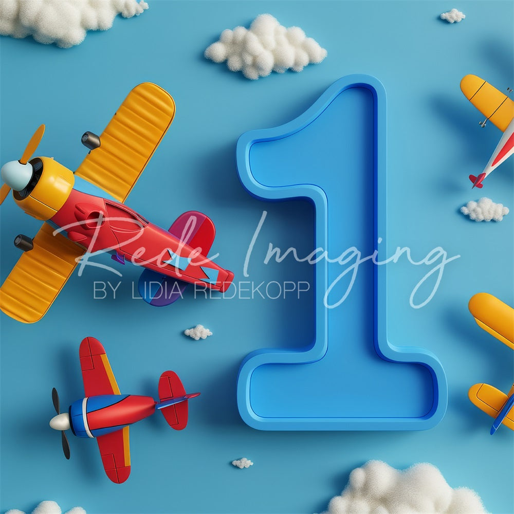 Kate Bleu Avions 1er Anniversaire Enfant Toile de fond conçue par Lidia Redekopp - Kate Backdrop FR