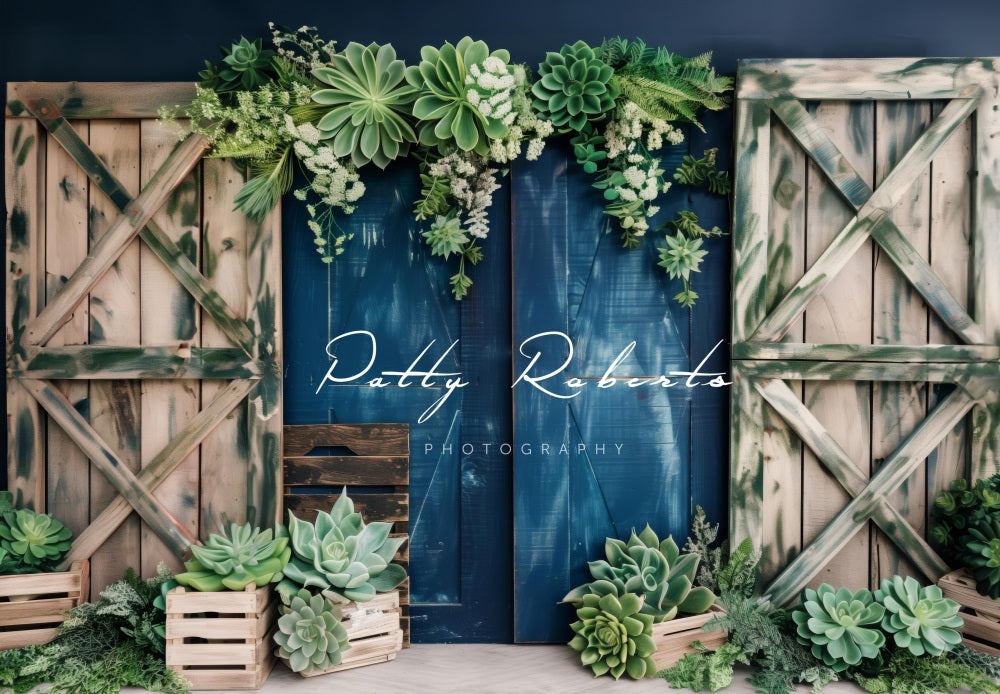 Kate Plantes vertes Mur Bleu Porte Printemps Toile de fond conçue par Patty Robert - Kate Backdrop FR