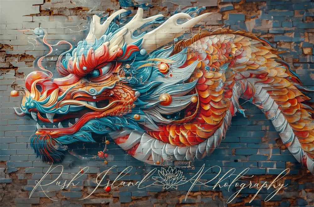 Kate Dragon Mur de briques Graffiti Toile de fond conçue par Laura Bybee - Kate Backdrop FR