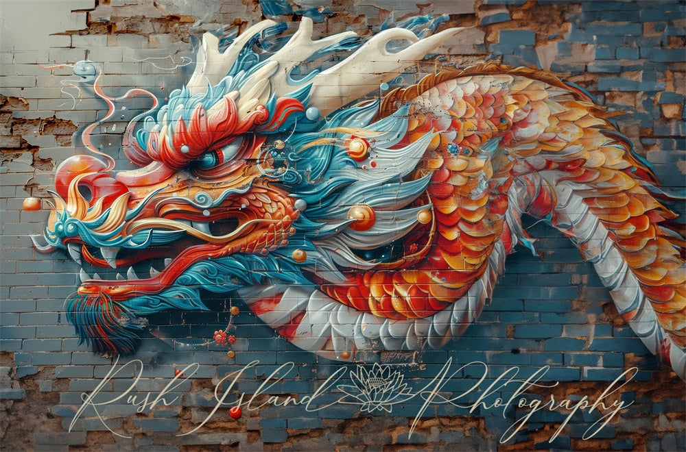 Kate Dragon Mur de briques Graffiti Toile de fond conçue par Laura Bybee - Kate Backdrop FR