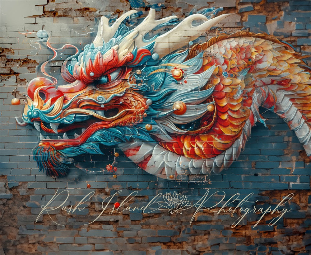 Kate Dragon Mur de briques Graffiti Toile de fond conçue par Laura Bybee - Kate Backdrop FR