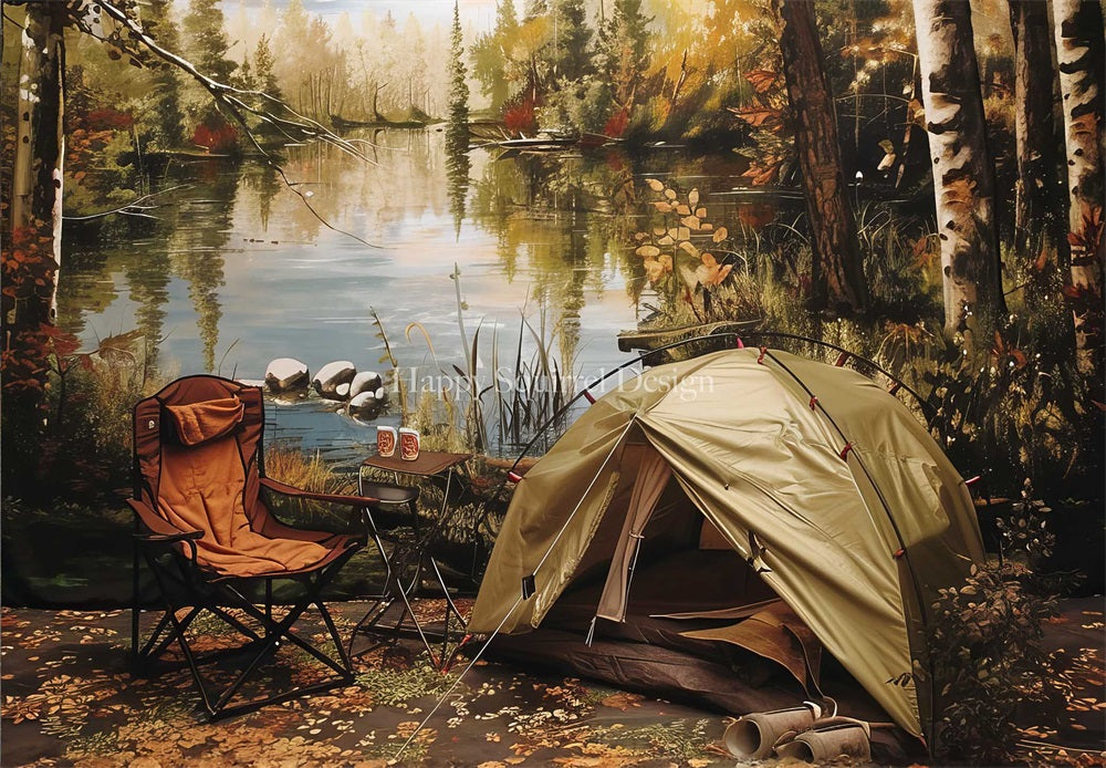 Kate Automne Extérieur Forêt Camping Tente Lac Chaise Toile de fond Conçu par Happy Squirrel Design