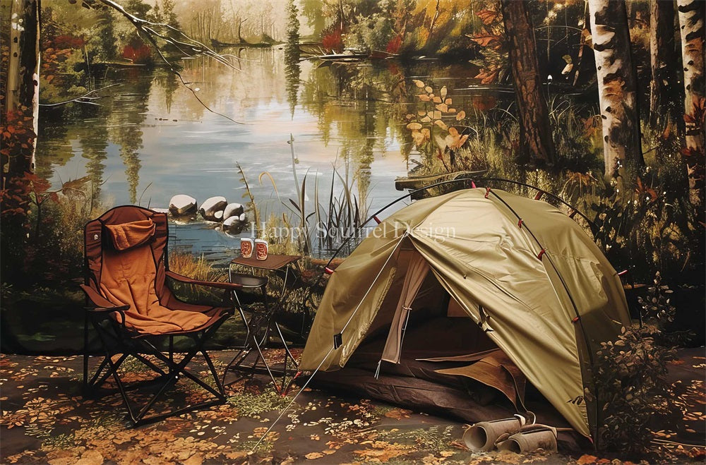 Kate Automne Extérieur Forêt Camping Tente Lac Chaise Toile de fond Conçu par Happy Squirrel Design