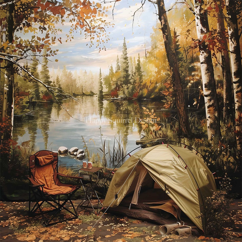 Kate Automne Extérieur Forêt Camping Tente Lac Chaise Toile de fond Conçu par Happy Squirrel Design