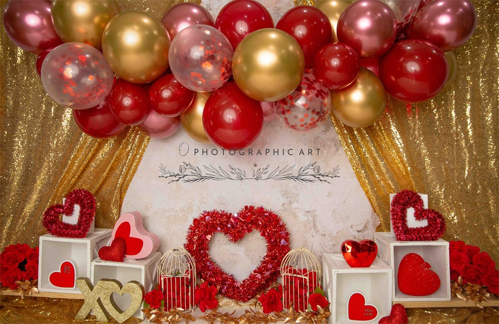 Kate Amour Ballons Rouge & Doré Rideau Toile de fond conçue par Jenna Onyia - Kate Backdrop FR