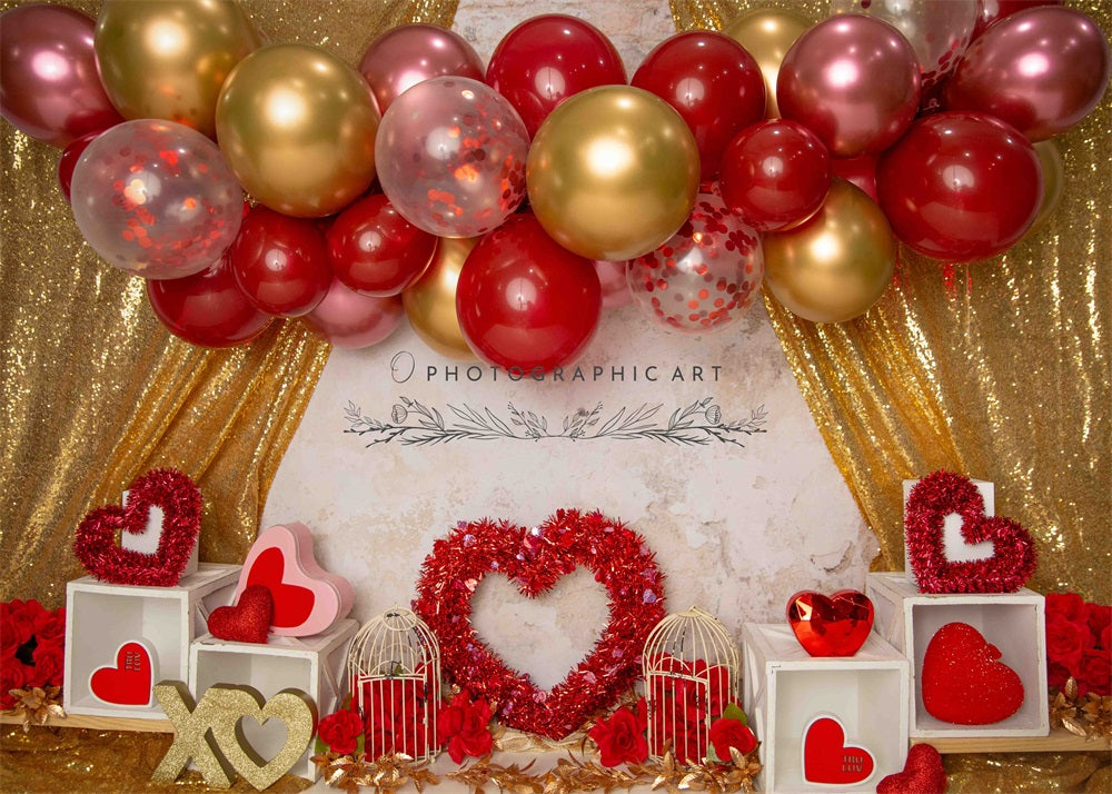 Kate Amour Ballons Rouge & Doré Rideau Toile de fond conçue par Jenna Onyia - Kate Backdrop FR