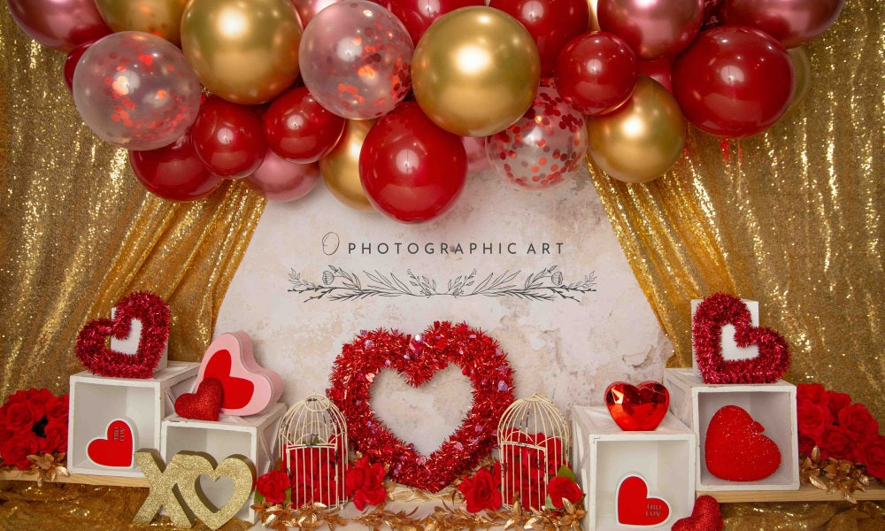 Kate Amour Ballons Rouge & Doré Rideau Toile de fond conçue par Jenna Onyia - Kate Backdrop FR