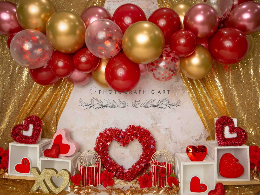 Kate Amour Ballons Rouge & Doré Rideau Toile de fond conçue par Jenna Onyia - Kate Backdrop FR