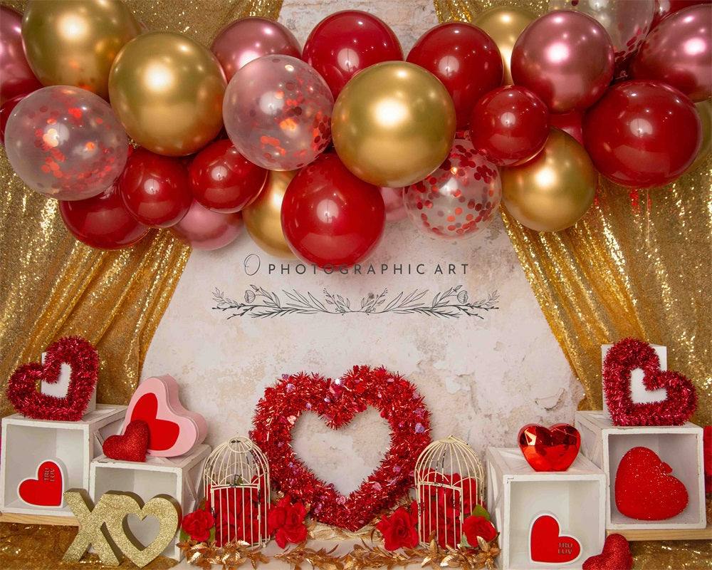 Kate Amour Ballons Rouge & Doré Rideau Toile de fond conçue par Jenna Onyia - Kate Backdrop FR