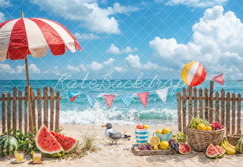 Kate Été Mer Plage Pastèque Oiseau Clôture Toile de fond conçue par Emetselch - Kate Backdrop FR
