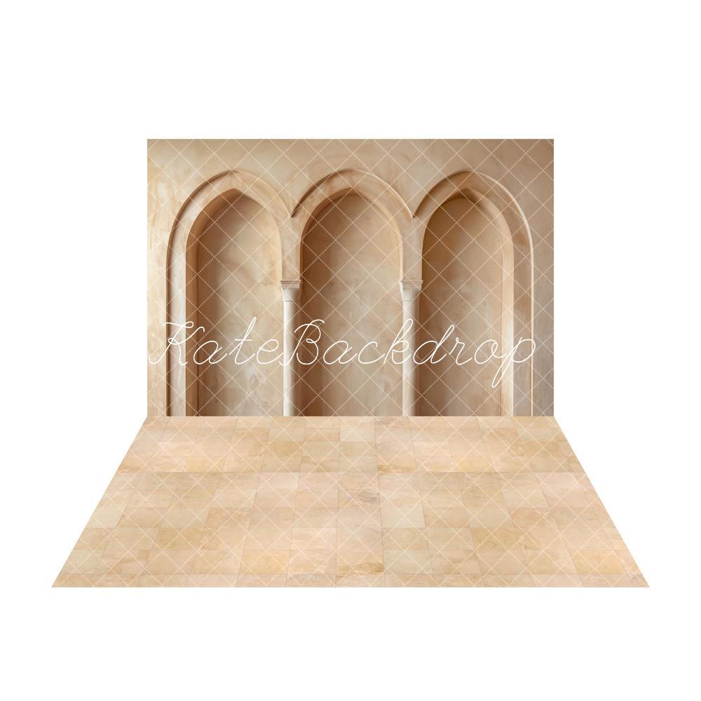 Kate Rétro Beige Mur en arc Simple Toile de fond+Brun clair Marbre Texture à carreaux Sol Toile de fond - Kate Backdrop FR