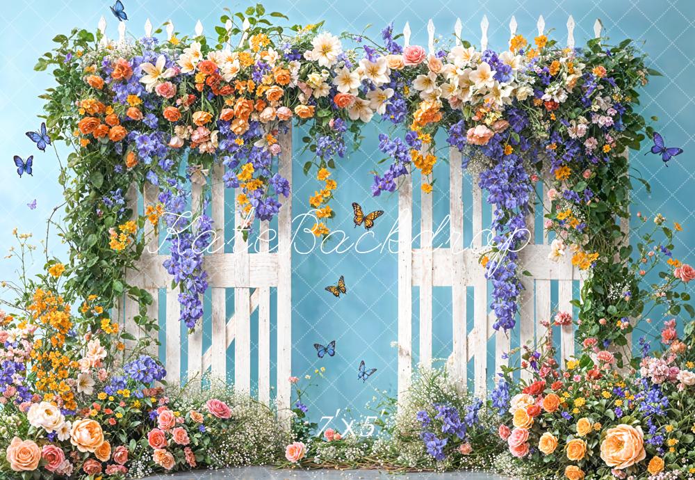 Kate Été Fleurs colorées Clôture Porte Papillons Toile de fond conçue par Chain Photographie - Kate Backdrop FR