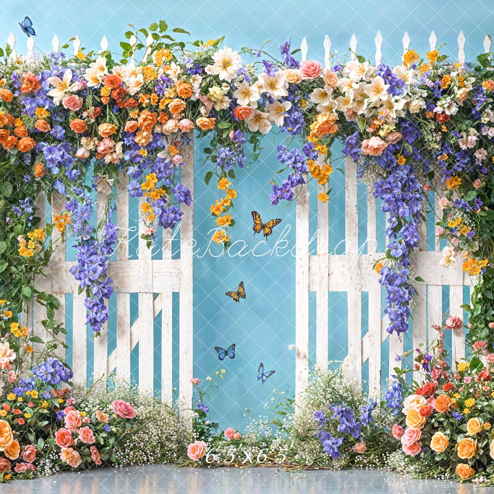 Kate Été Fleurs colorées Clôture Porte Papillons Toile de fond conçue par Chain Photographie - Kate Backdrop FR