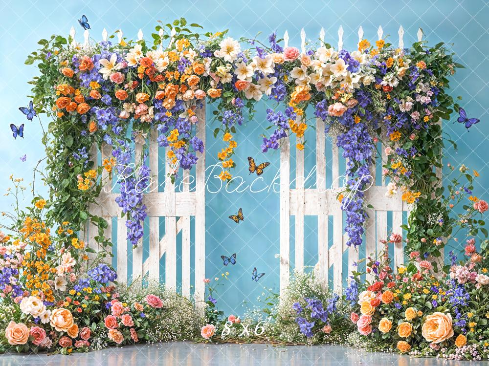 Kate Été Fleurs colorées Clôture Porte Papillons Toile de fond conçue par Chain Photographie - Kate Backdrop FR