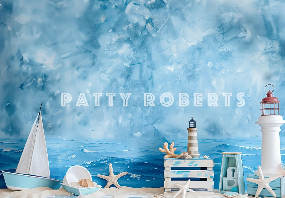 Kate Bord de mer Plage Phare Bateau Bleu Toile de fond conçue par Patty Robert - Kate Backdrop FR