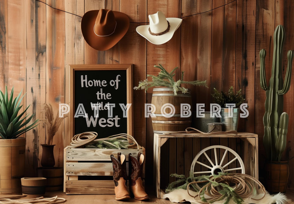 Kate Le Far West Cow-boy Cactus Mur en bois Toile de fond conçue par Patty Robert