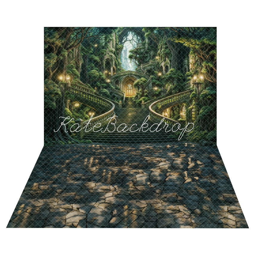 Kate Été Forêt Château Escalier Lumière Toile de fond+Ombre Chemin de pierre Sol Toile de fond - Kate Backdrop FR