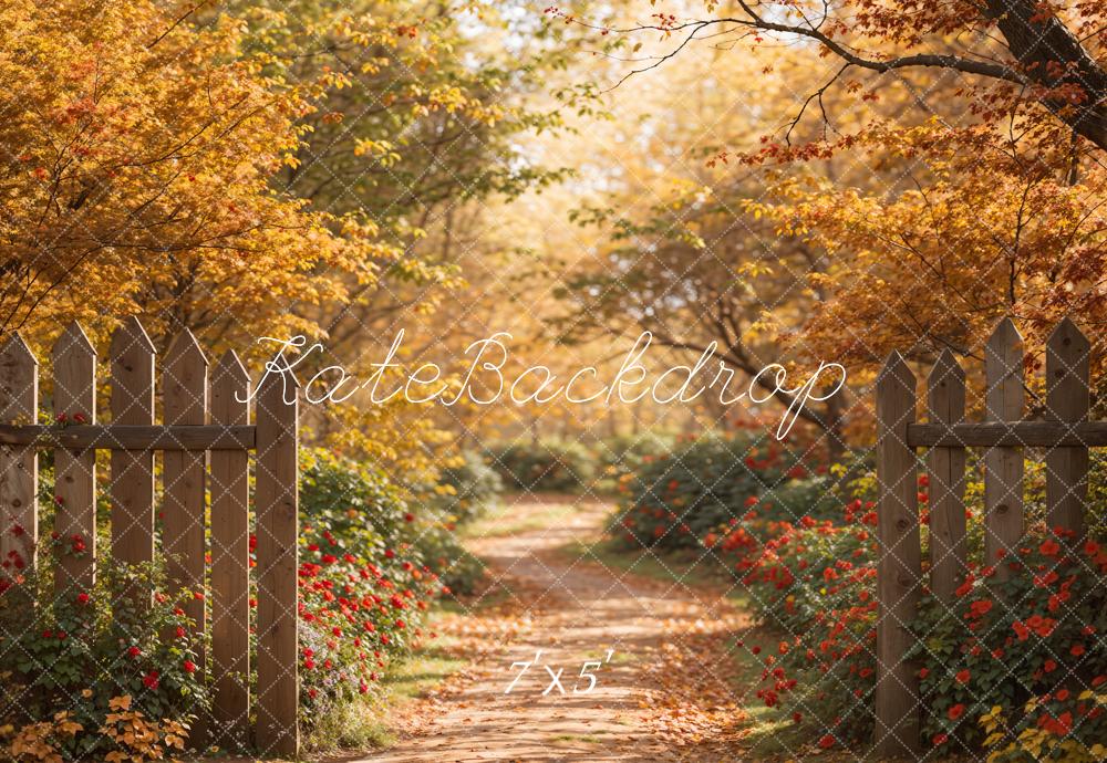 Kate Automne Forêt Chemin Brun Clôture en bois Toile de fond conçue par Emetselch - Kate Backdrop FR