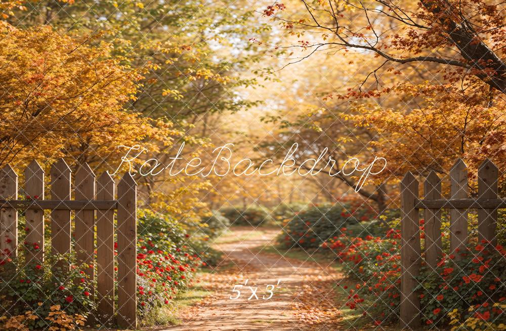 Kate Automne Forêt Chemin Brun Clôture en bois Toile de fond conçue par Emetselch - Kate Backdrop FR