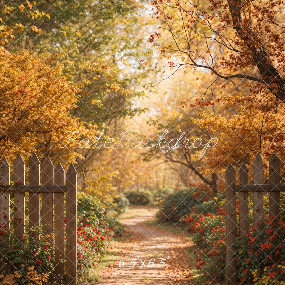 Kate Automne Forêt Chemin Brun Clôture en bois Toile de fond conçue par Emetselch - Kate Backdrop FR