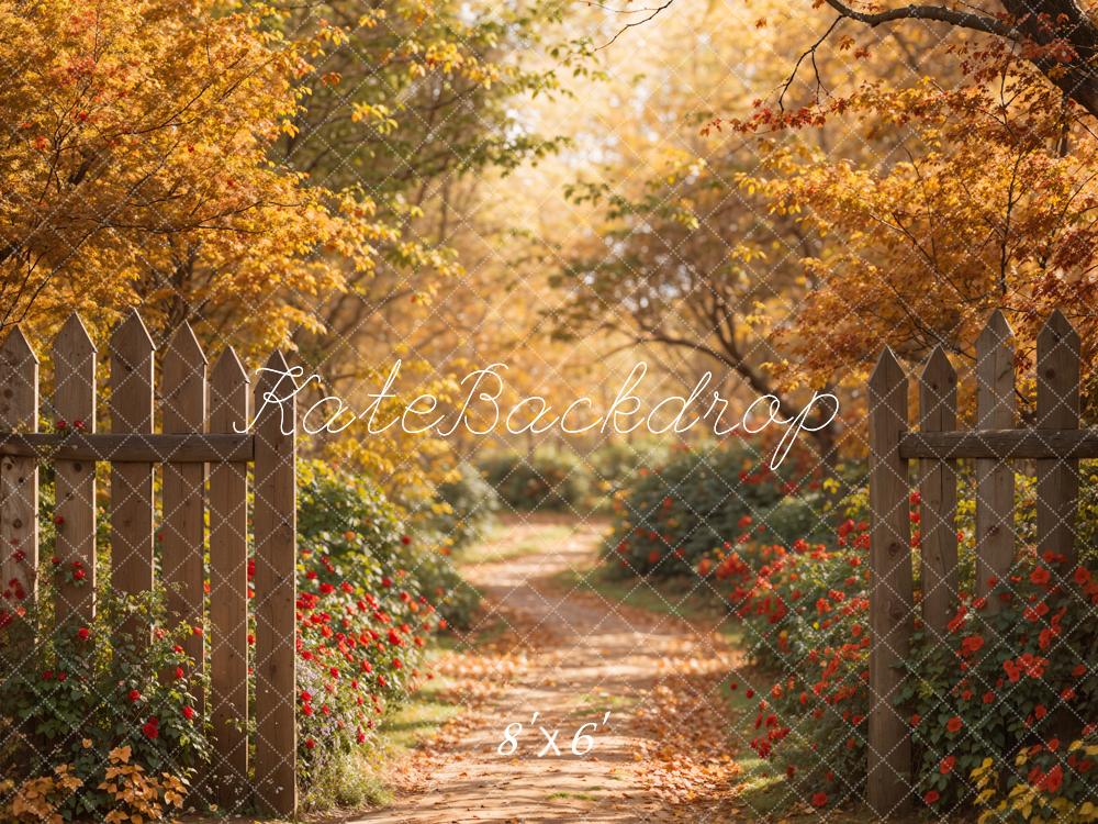 Kate Automne Forêt Chemin Brun Clôture en bois Toile de fond conçue par Emetselch - Kate Backdrop FR