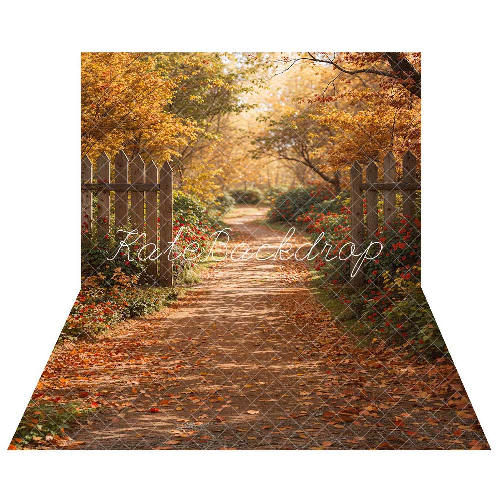 Kate Automne Forêt Chemin Brun Clôture en bois Toile de fond+Feuilles tombées Chemin Sol Toile de fond - Kate Backdrop FR