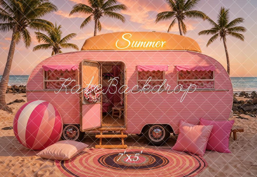 Kate Été Plage Coucher de soleil Voiture Rose Toile de fond conçue par Chain Photographie - Kate Backdrop FR