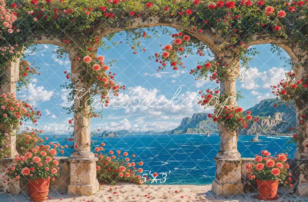 Kate Été Mer Plage Arche en Pierre Floral Toile de fond conçue par Chain Photographie - Kate Backdrop FR