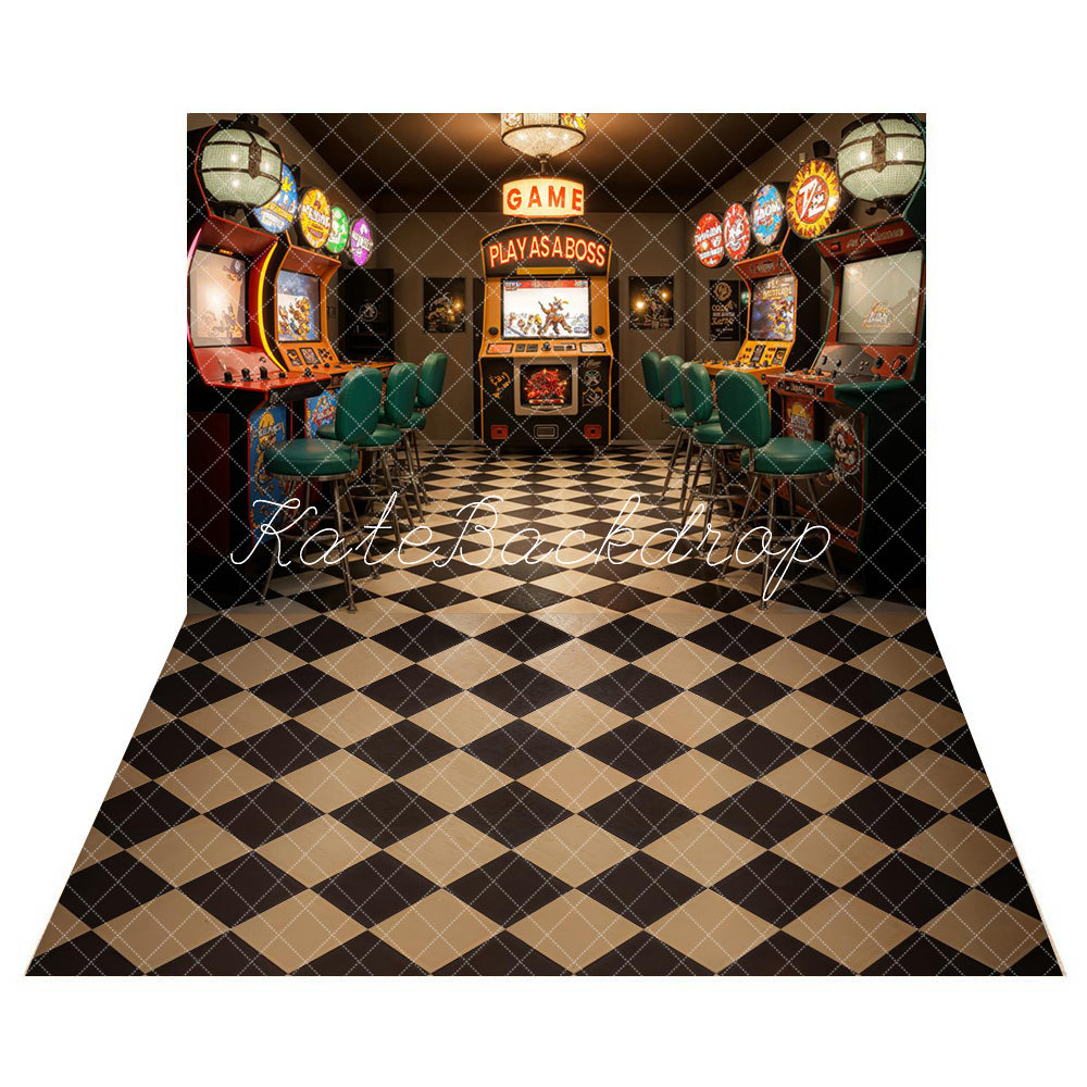 Kate Rétro Coloré Lobby du jeu Enfant Toile de fond+Vintage Noir et Marron Sol à carreaux Toile de fond - Kate Backdrop FR