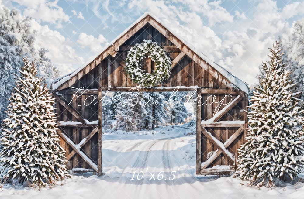 Kate Hiver Neige Forêt Porte en bois Noël Toile de fond conçue par Emetselch - Kate Backdrop FR