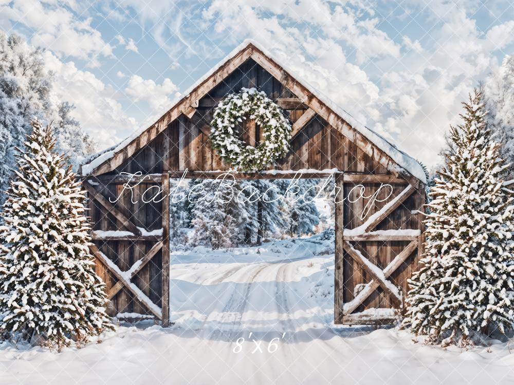 Kate Hiver Neige Forêt Porte en bois Noël Toile de fond conçue par Emetselch - Kate Backdrop FR
