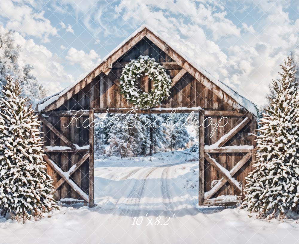 Kate Hiver Neige Forêt Porte en bois Noël Toile de fond conçue par Emetselch - Kate Backdrop FR