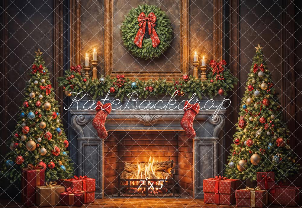 Kate Sapin de Noël Couronne Cheminée Cadeaux Toile de fond conçue par Emetselch - Kate Backdrop FR
