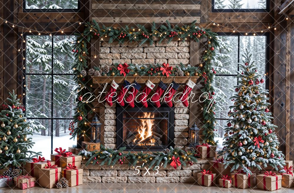 Kate Hiver Noël Cheminée en brique Brun Fenêtre Toile de fond conçue par Emetselch - Kate Backdrop FR