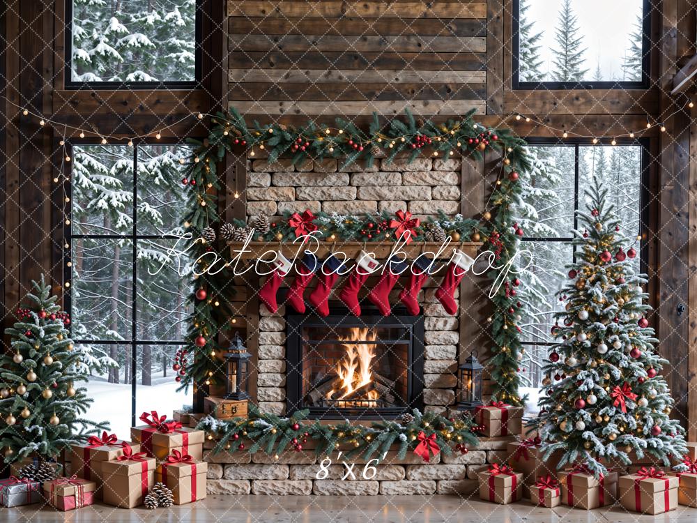 Kate Hiver Noël Cheminée en brique Brun Fenêtre Toile de fond conçue par Emetselch - Kate Backdrop FR