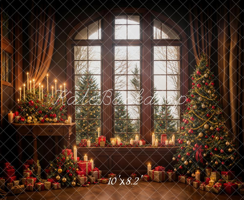 Kate Hiver Noël Marron foncé Fenêtre Bougies Toile de fond conçue par Emetselch - Kate Backdrop FR