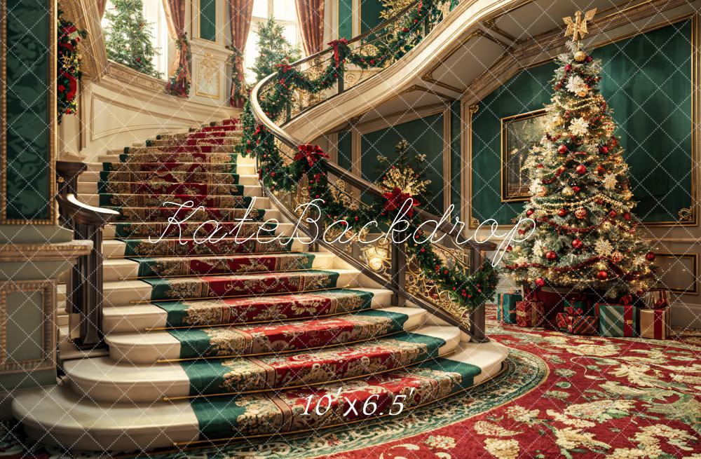 Kate Sapin de Noël Rétro Escalier Floral Mur vert Toile de fond conçue par Emetselch - Kate Backdrop FR