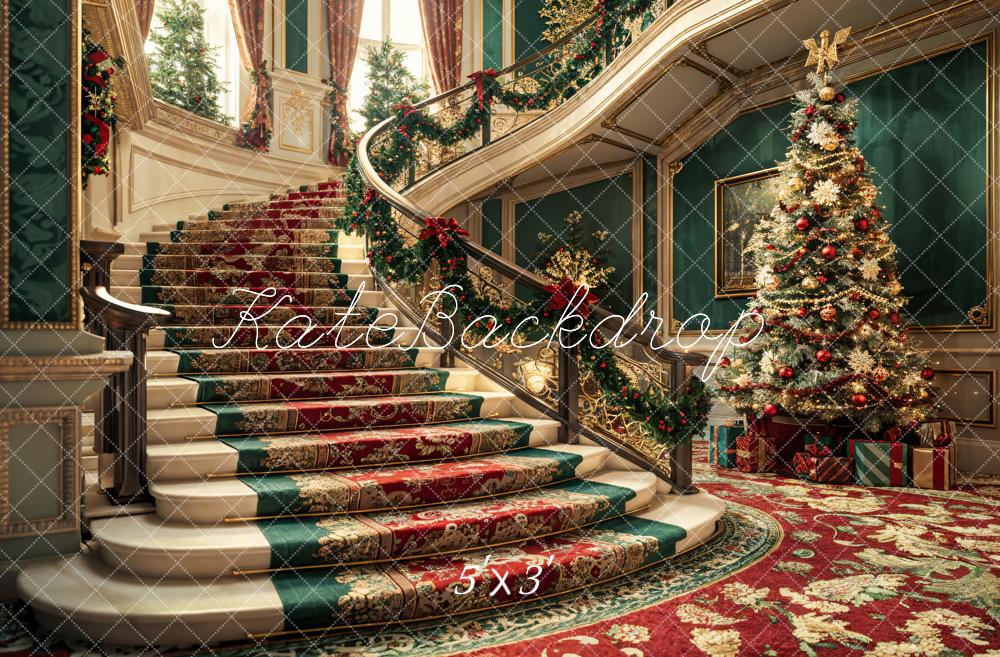 Kate Sapin de Noël Rétro Escalier Floral Mur vert Toile de fond conçue par Emetselch - Kate Backdrop FR
