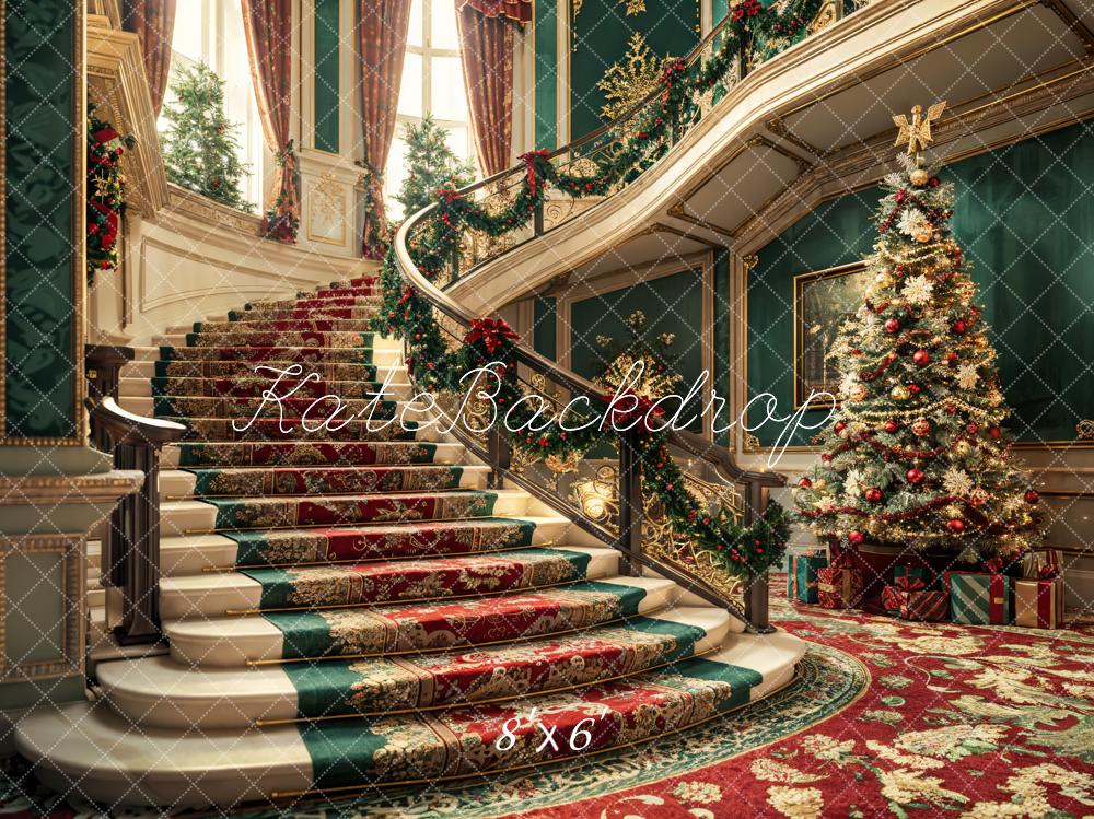 Kate Sapin de Noël Rétro Escalier Floral Mur vert Toile de fond conçue par Emetselch - Kate Backdrop FR