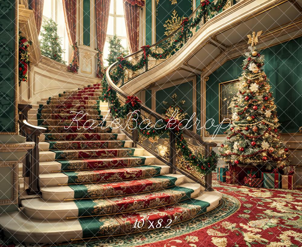 Kate Sapin de Noël Rétro Escalier Floral Mur vert Toile de fond conçue par Emetselch - Kate Backdrop FR