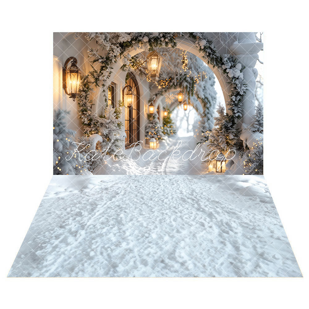 Kate Hiver Rétro Blanc Noël Couloir en arc Toile de fond+Hiver Blanc Neige Sol Toile de fond - Kate Backdrop FR