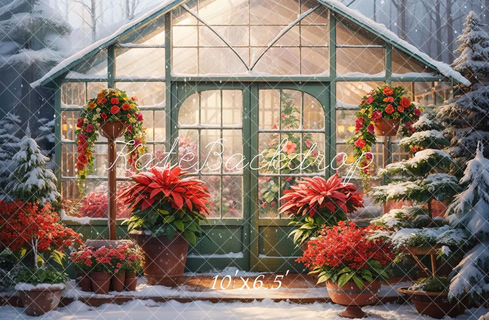 Kate Hiver Fleurs Rouge Serre Jardin Neige Toile de fond conçue par GQ - Kate Backdrop FR