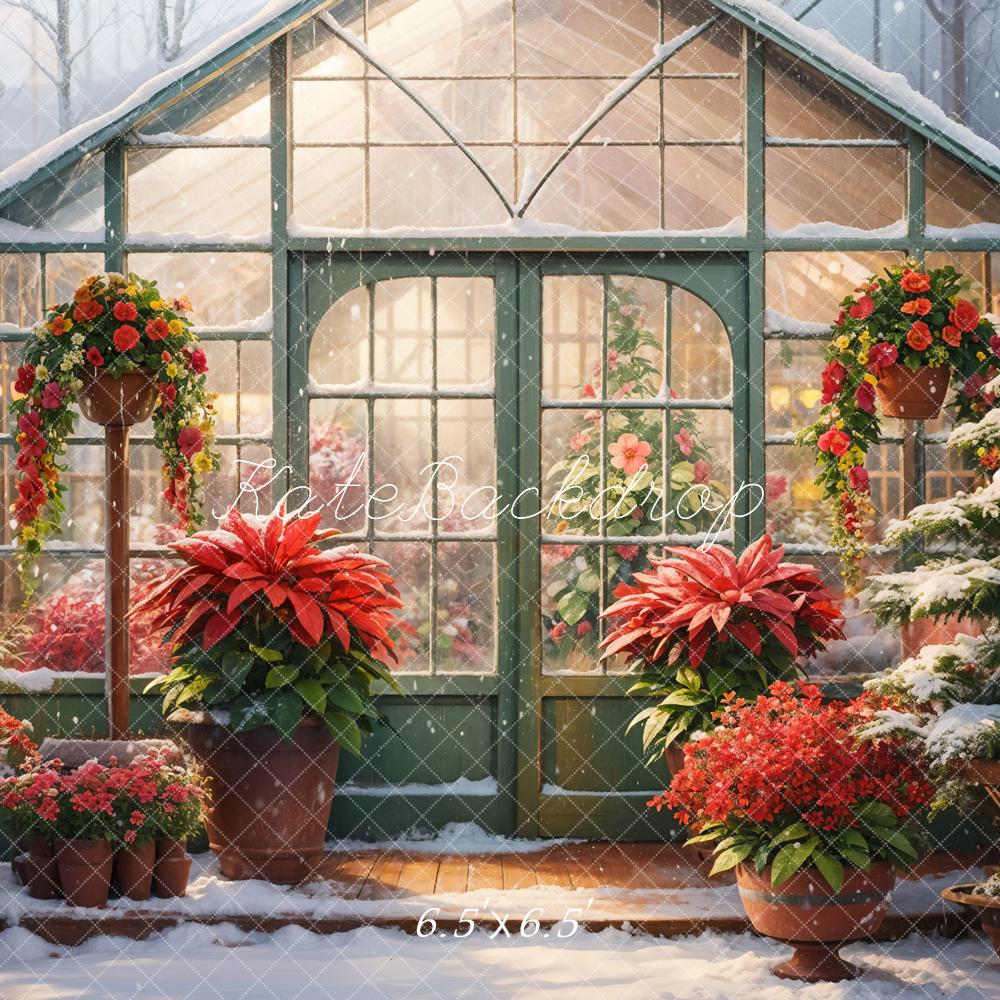 Kate Hiver Fleurs Rouge Serre Jardin Neige Toile de fond conçue par GQ - Kate Backdrop FR