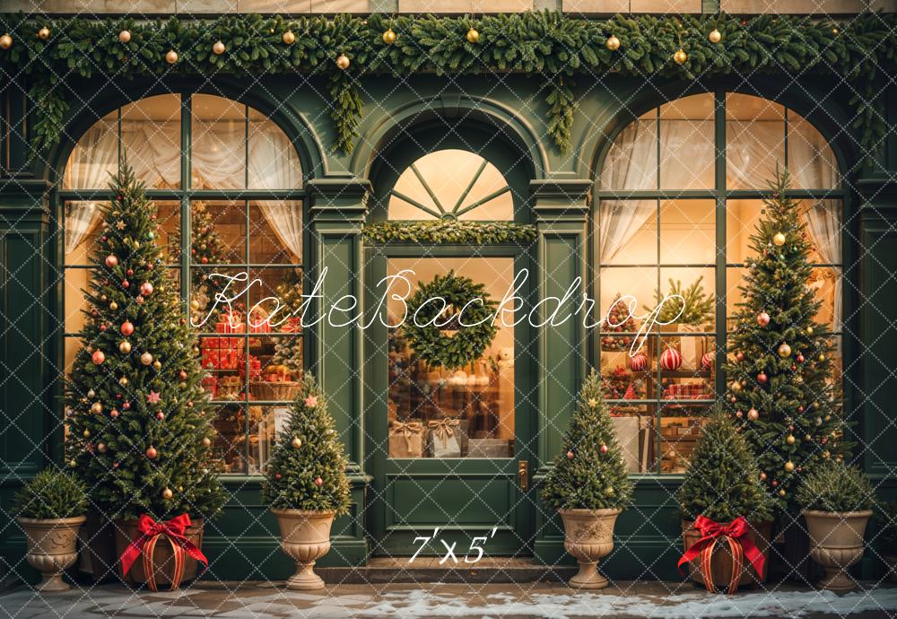 Kate Rétro Vert foncé Noël Boutique de cadeaux Toile de fond conçue par Emetselch - Kate Backdrop FR
