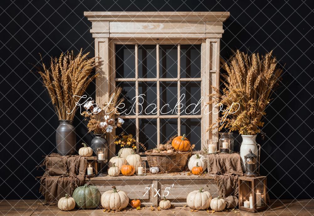 Kate Automne Citrouille Coton Brun Fenêtre Mur noir Toile de fond conçue par Emetselch - Kate Backdrop FR