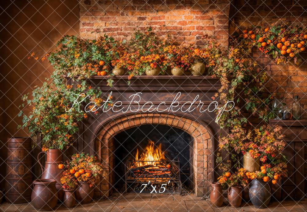 Kate Automne Marron foncé Cheminée Mur de briques Toile de fond conçue par Emetselch - Kate Backdrop FR