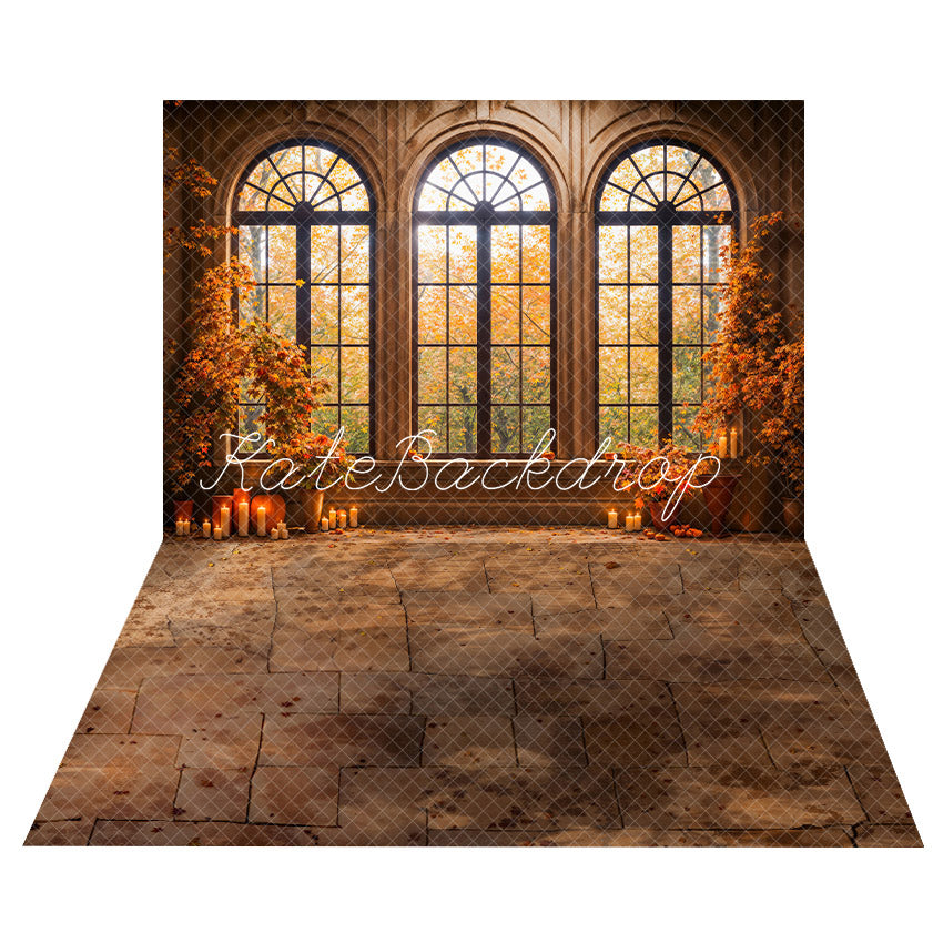Kate Automne Forêt Feuilles d'érable Fenêtre Toile de fond+Marron foncé Texture de pierre Sol Toile de fond - Kate Backdrop FR