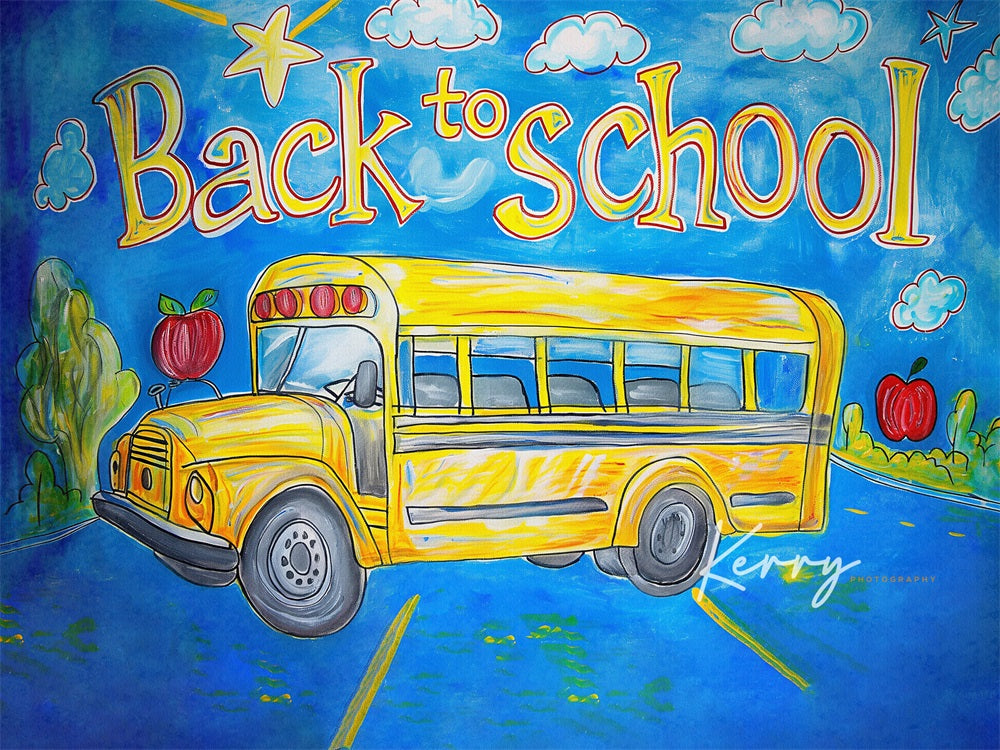 GROUPE VIP - Kate Retour à l'école Bus scolaire Dessin animé Toile de fond conçue par Kerry Anderson - Kate Backdrop FR