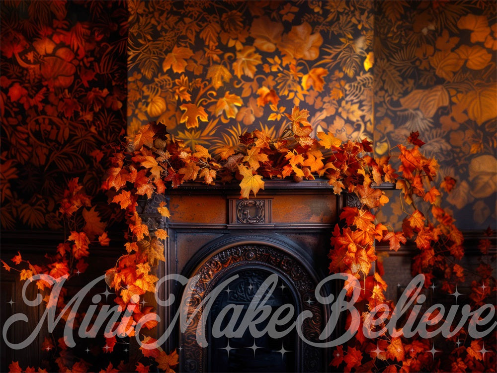 Kate Automne Cheminée Feuilles d'érable Rouge Toile de fond conçue par Mini MakeBelieve - Kate Backdrop FR