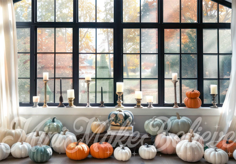 Kate Automne Intérieur Fenêtre Rideau Citrouilles Toile de fond conçue par Mini MakeBelieve - Kate Backdrop FR